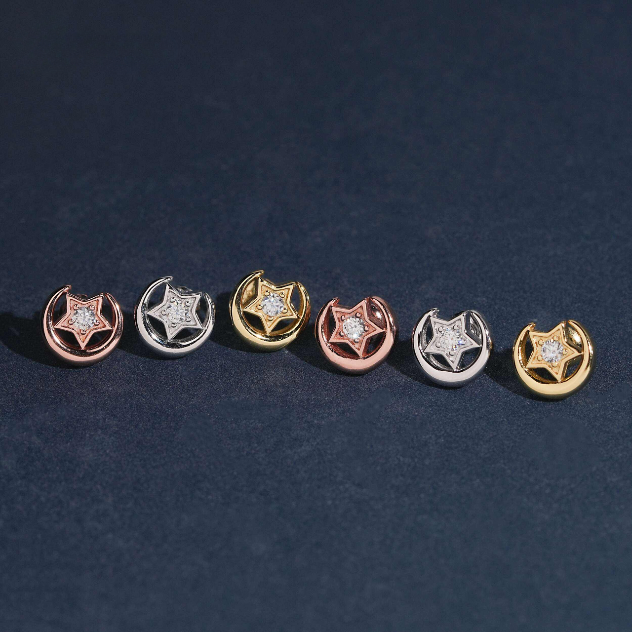 Pendientes de tuerca de oro de 14k con diseño de estrella, luna y diamante de laboratorio