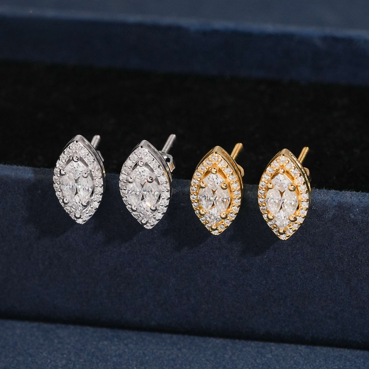 Pendientes de tuerca tipo marquesa con halo de diamantes de laboratorio – Oro de 14k