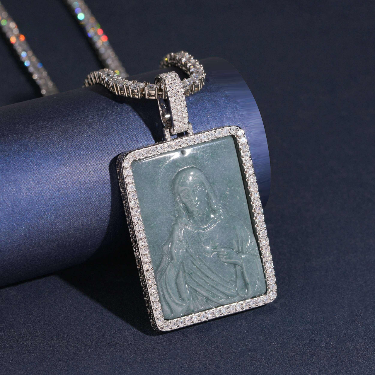 Carved Jade Jesus Pendant Lab Diamond – 14k Gold