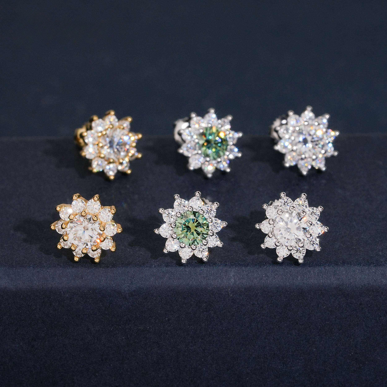 Pendientes de botón con forma de racimo de flores circulares, diamantes de laboratorio – Oro de 14k
