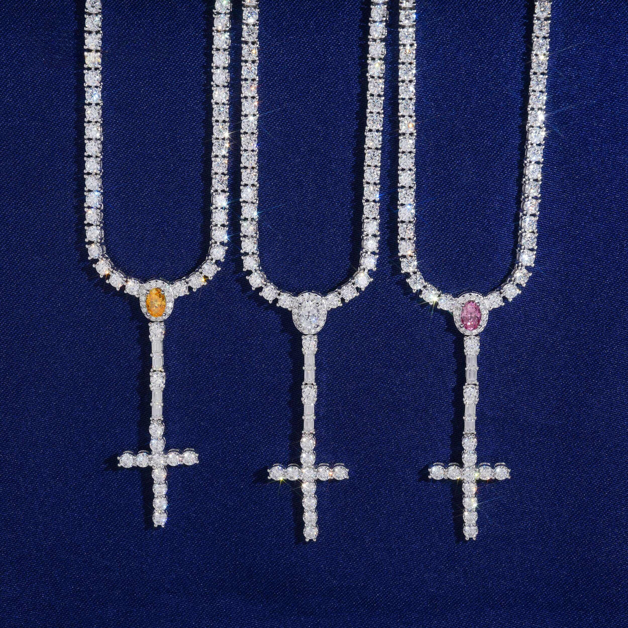 Cadena de tenis con colgante en cruz de circonitas, collar de diamantes de laboratorio – Oro de 14k