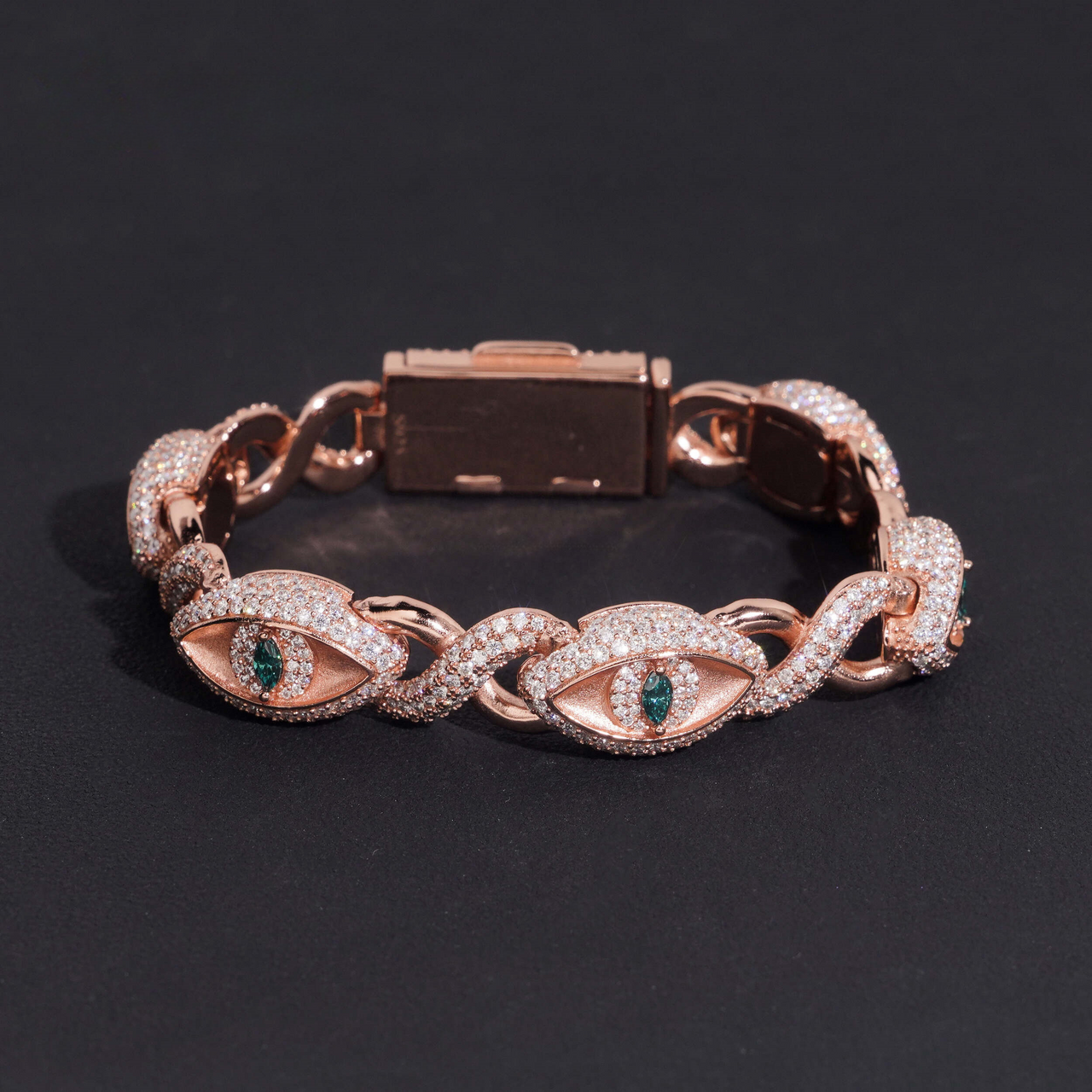 Pulsera de Oro de 14k con Diamantes de Laboratorio en Forma de Marquesa Verde Brillante con Ojo Turco y Símbolo de Infinito