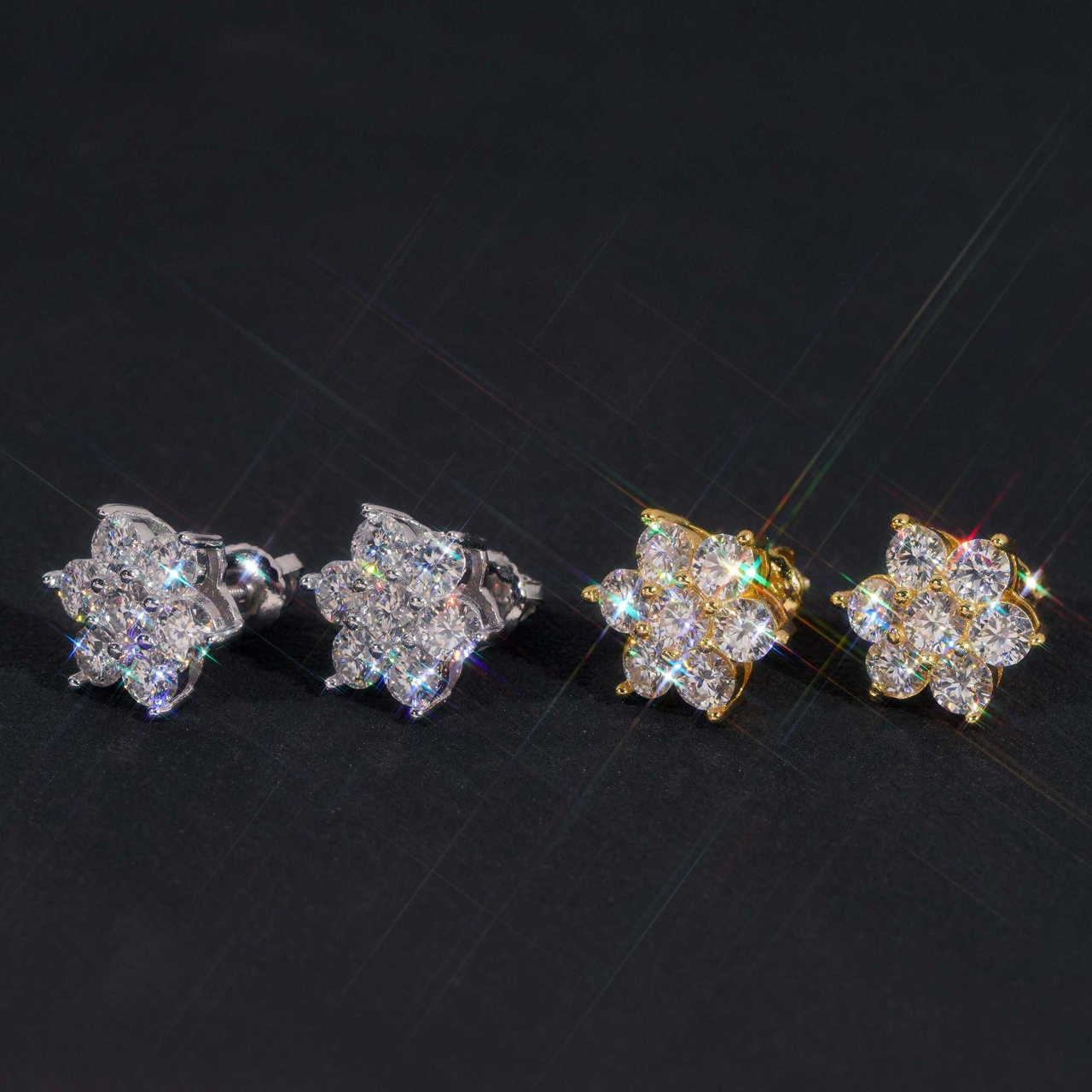 Pendientes de botón en racimo con pavé de flores, diamante cultivado, oro de 14k