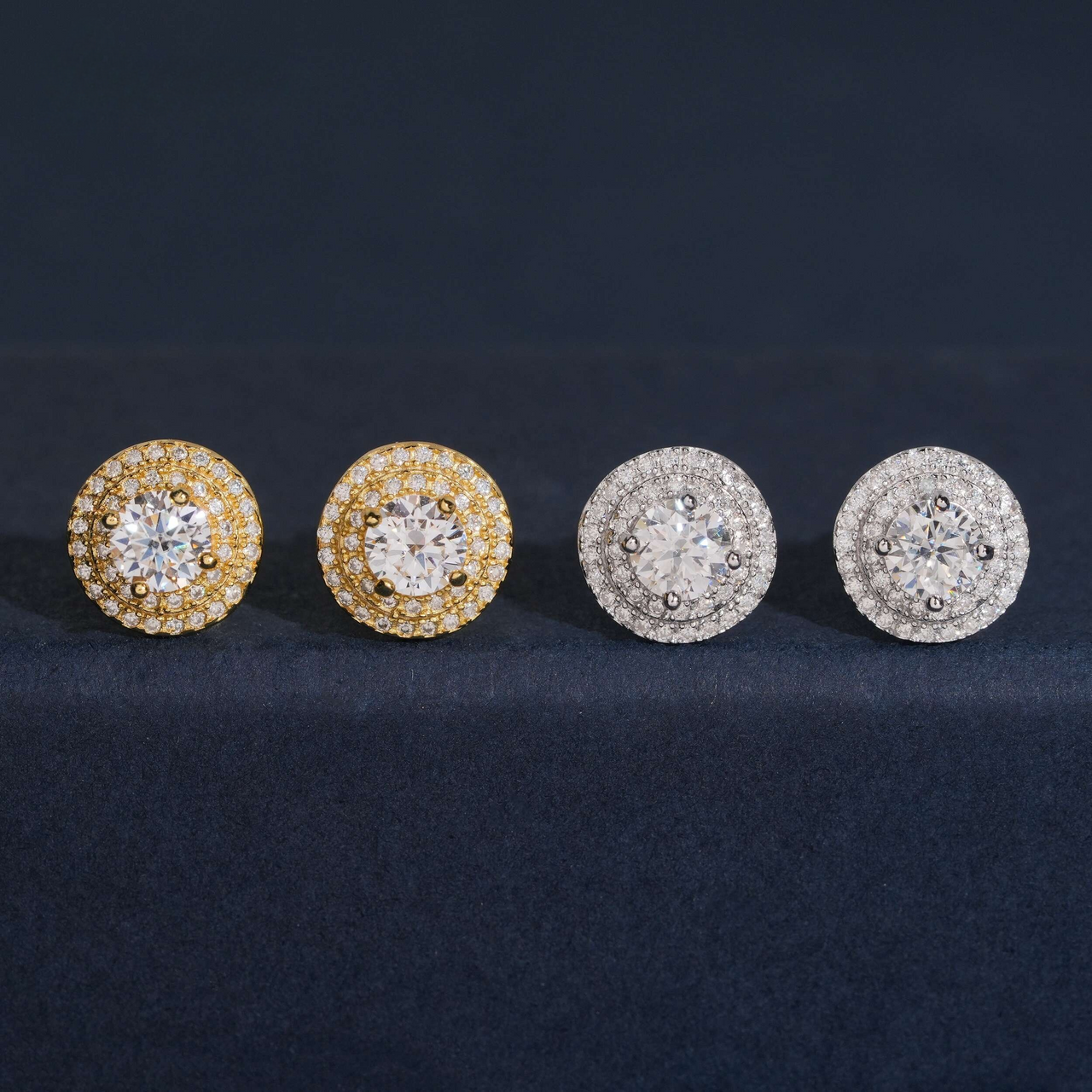 Pendientes de botón con doble halo y pavé de diamante cultivado en círculo – Oro de 14k