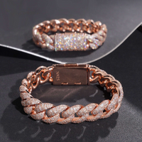 Pulsera Cubana de Oro de 14k con Diamantes de Laboratorio Engastados en Mosaico de 14mm