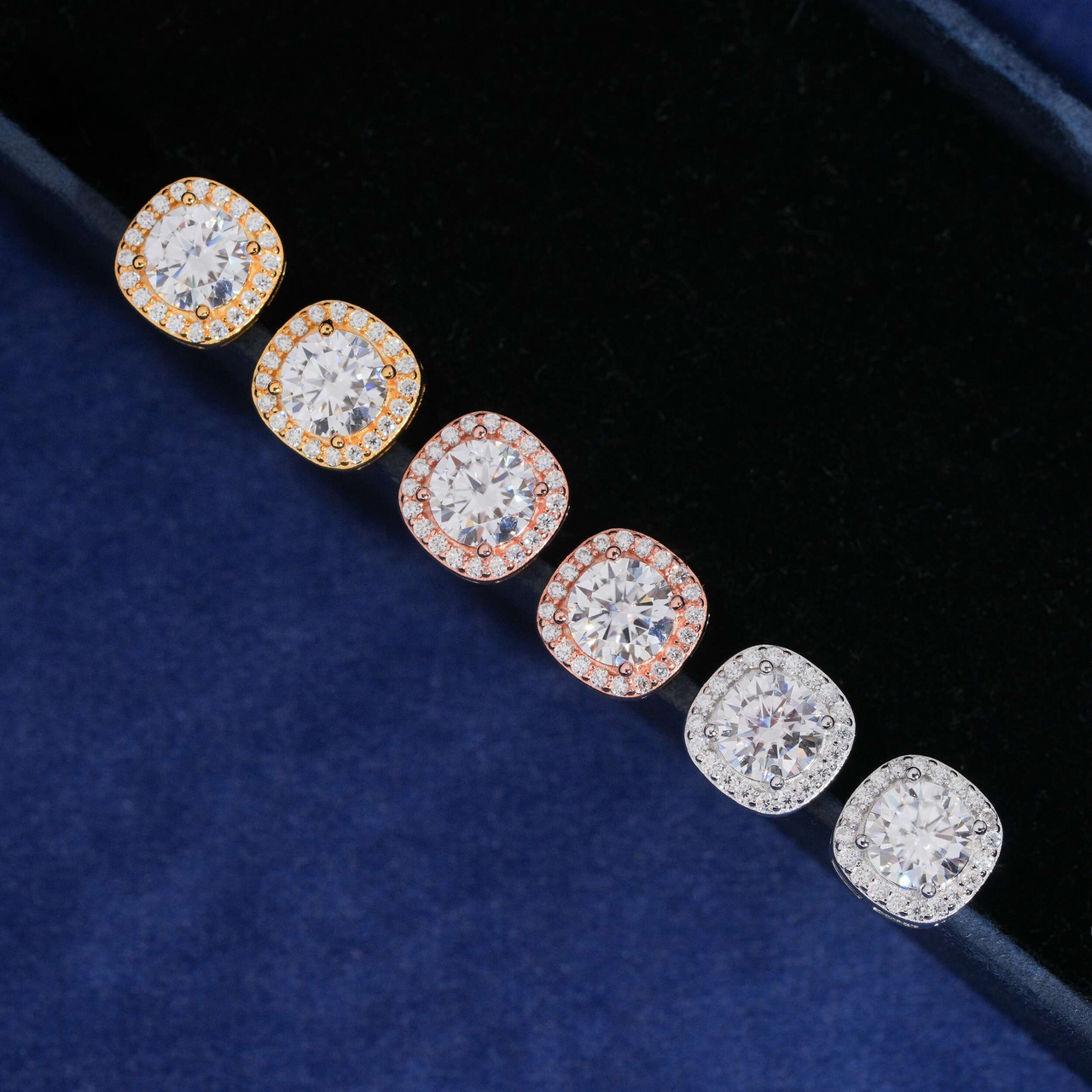 Aretes cuadrados tipo pavé con halo y diamantes creados en laboratorio – Oro de 14k