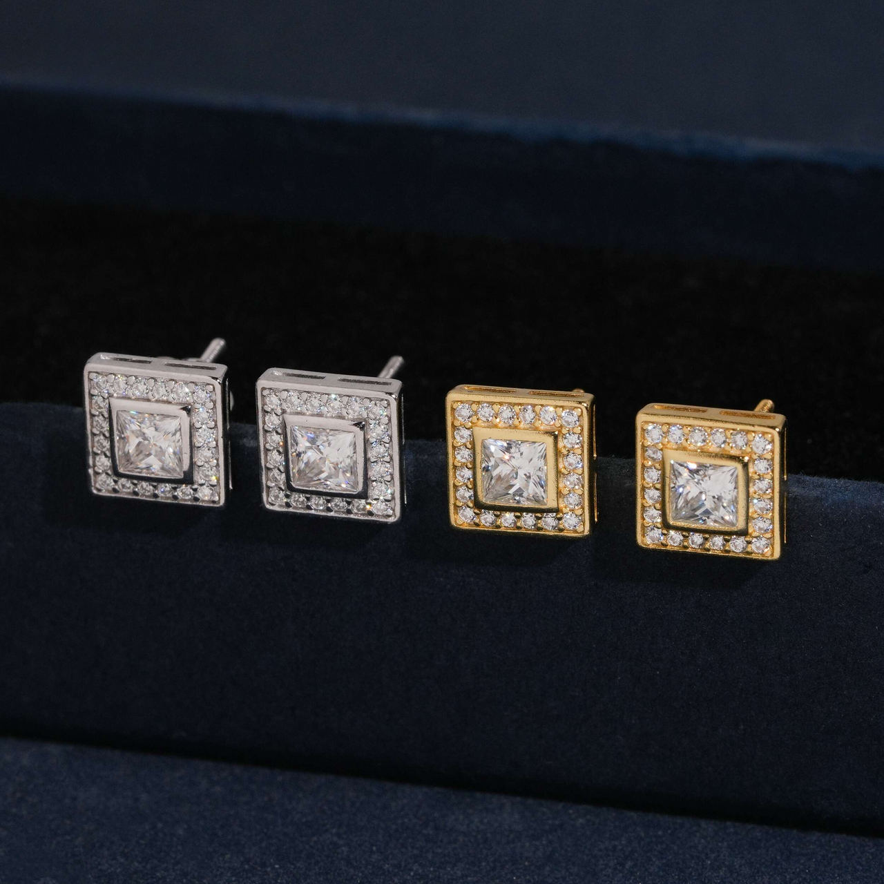 Pendientes de racimo con corte princesa cuadrado, diamantes de laboratorio – Oro de 14k