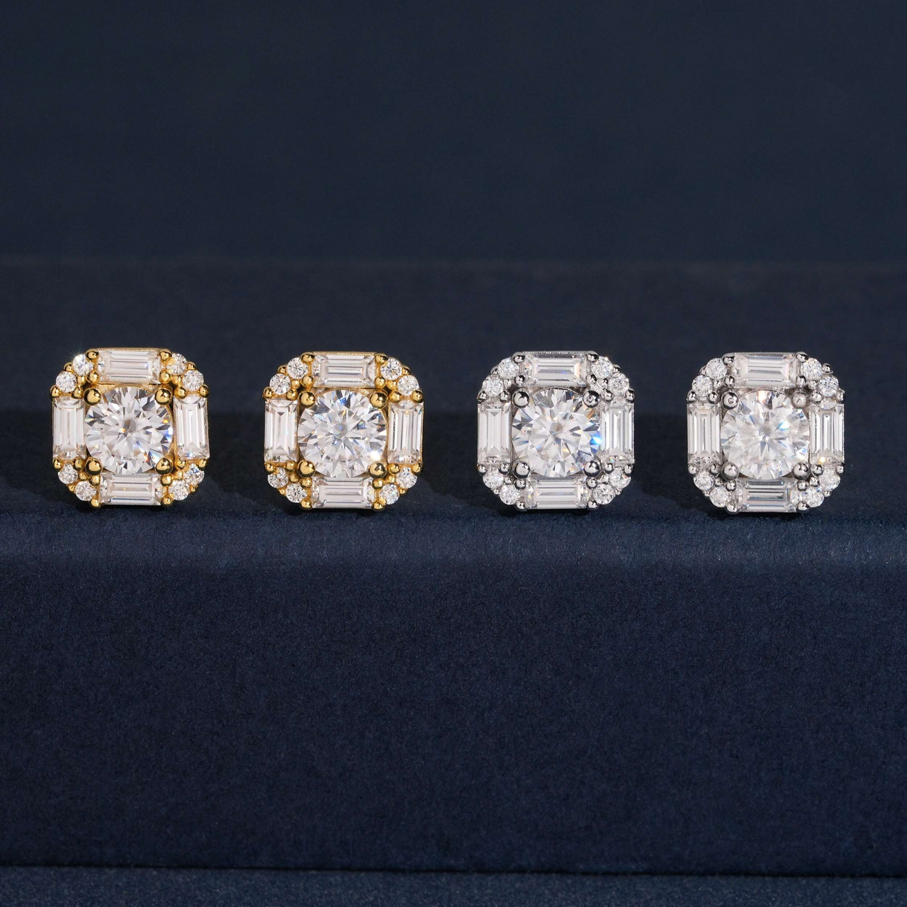 Pendientes de botón halo baguette cuadrados con diamantes de laboratorio – Oro de 14k