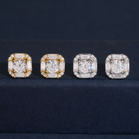 Pendientes de botón halo baguette cuadrados con diamantes de laboratorio – Oro de 14k