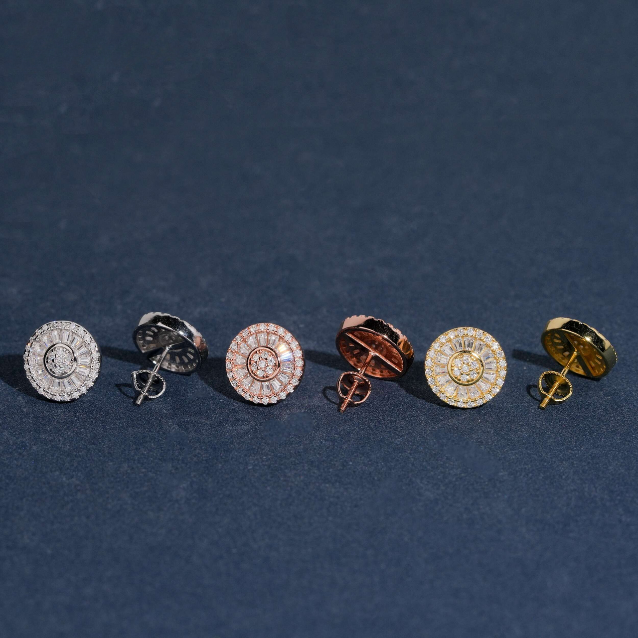 Pendientes de botón con forma de racimo de rayos de sol redondos con diamante de laboratorio – Oro de 14k
