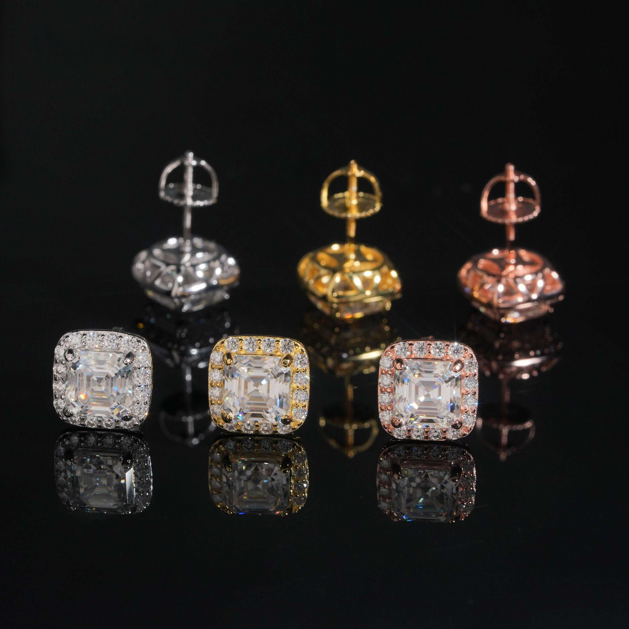 Pendientes de botón con pavé y halo de diamantes de laboratorio de corte Asscher cuadrado - Oro de 14k