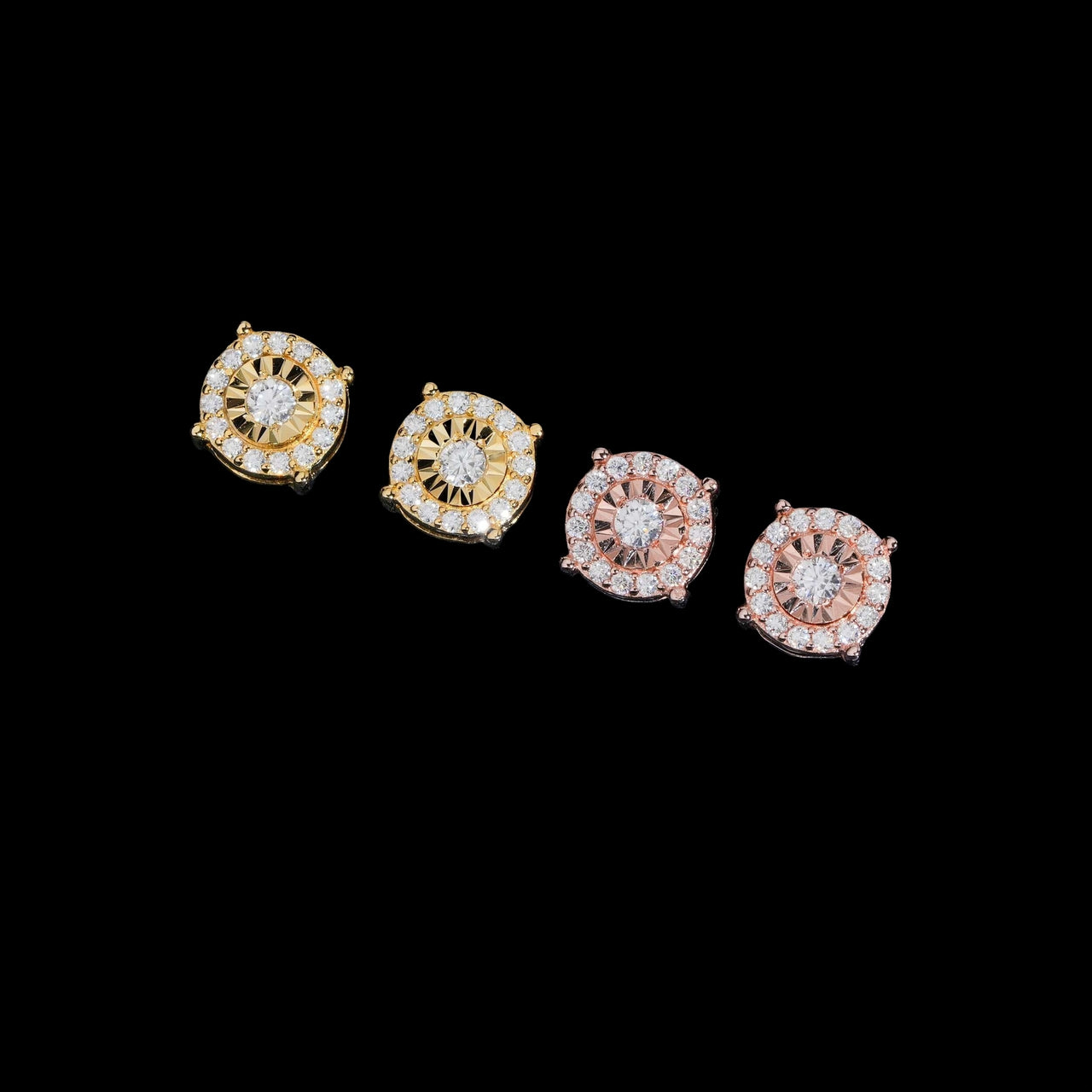 Pendientes de Botón con Halo Pavé Redondo de Sol Radiante y Diamantes de Laboratorio – Oro de 14k