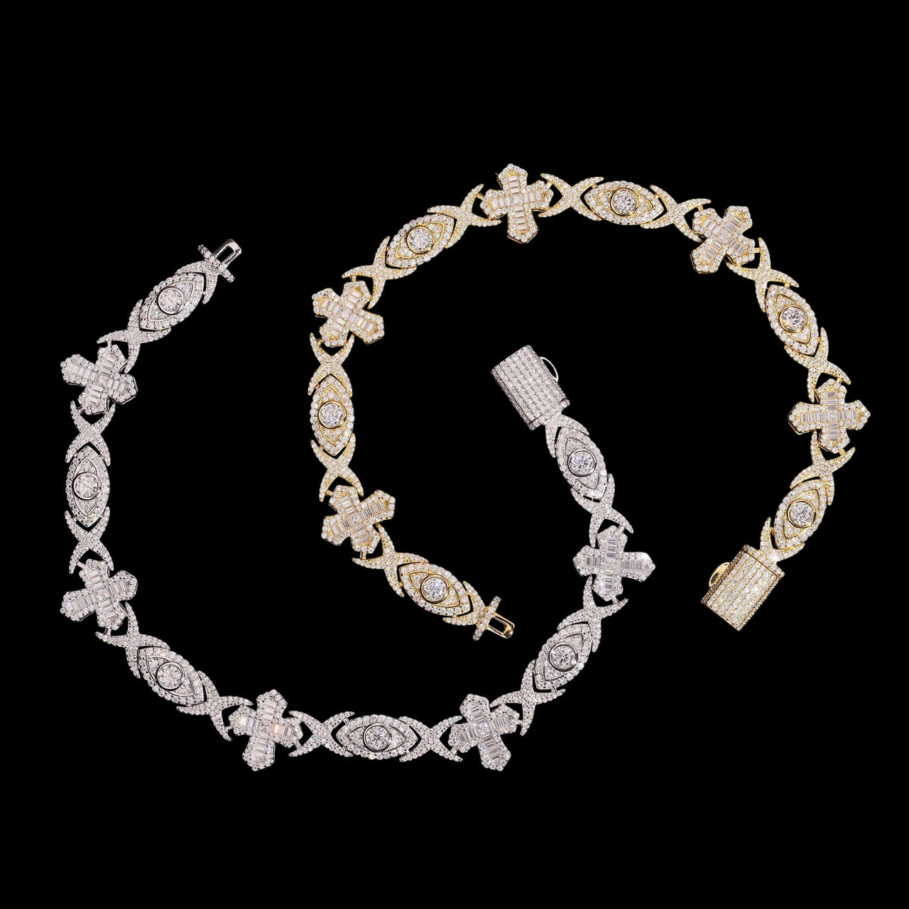 Pulsera Ojo Turco Cruz Baguette con Diamantes de Laboratorio – Oro de 14k