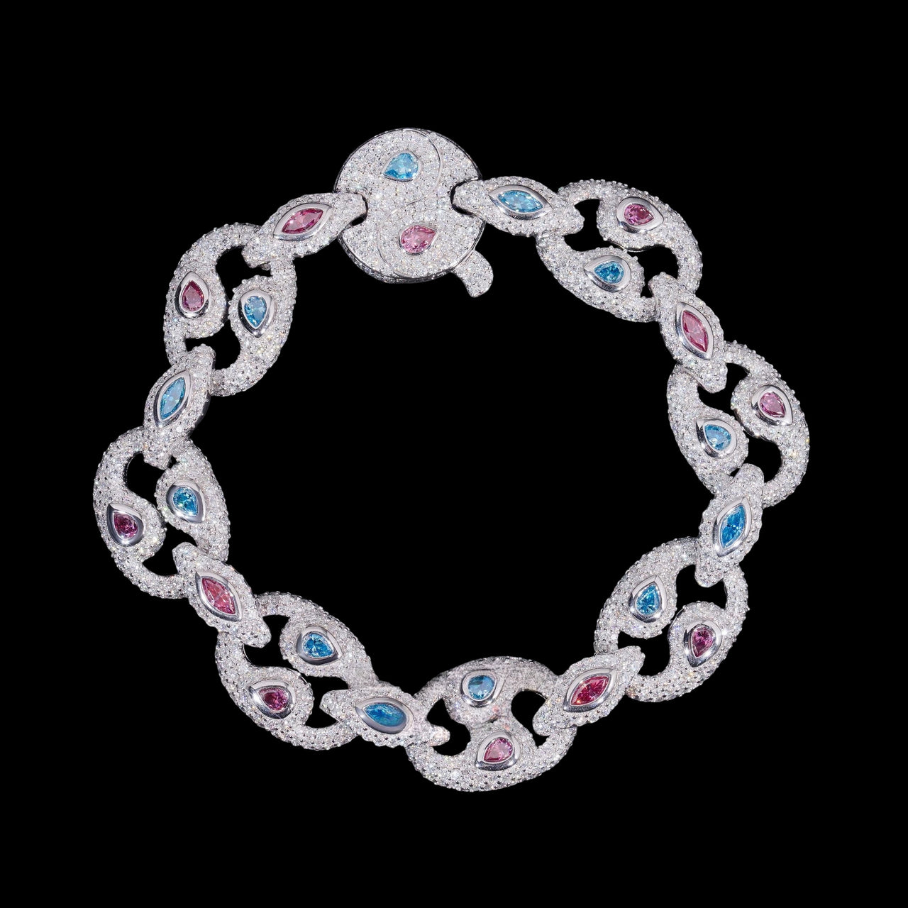 Pulsera con diamantes de laboratorio en forma de flor Yin Yang rosa y azul – Oro de 14k