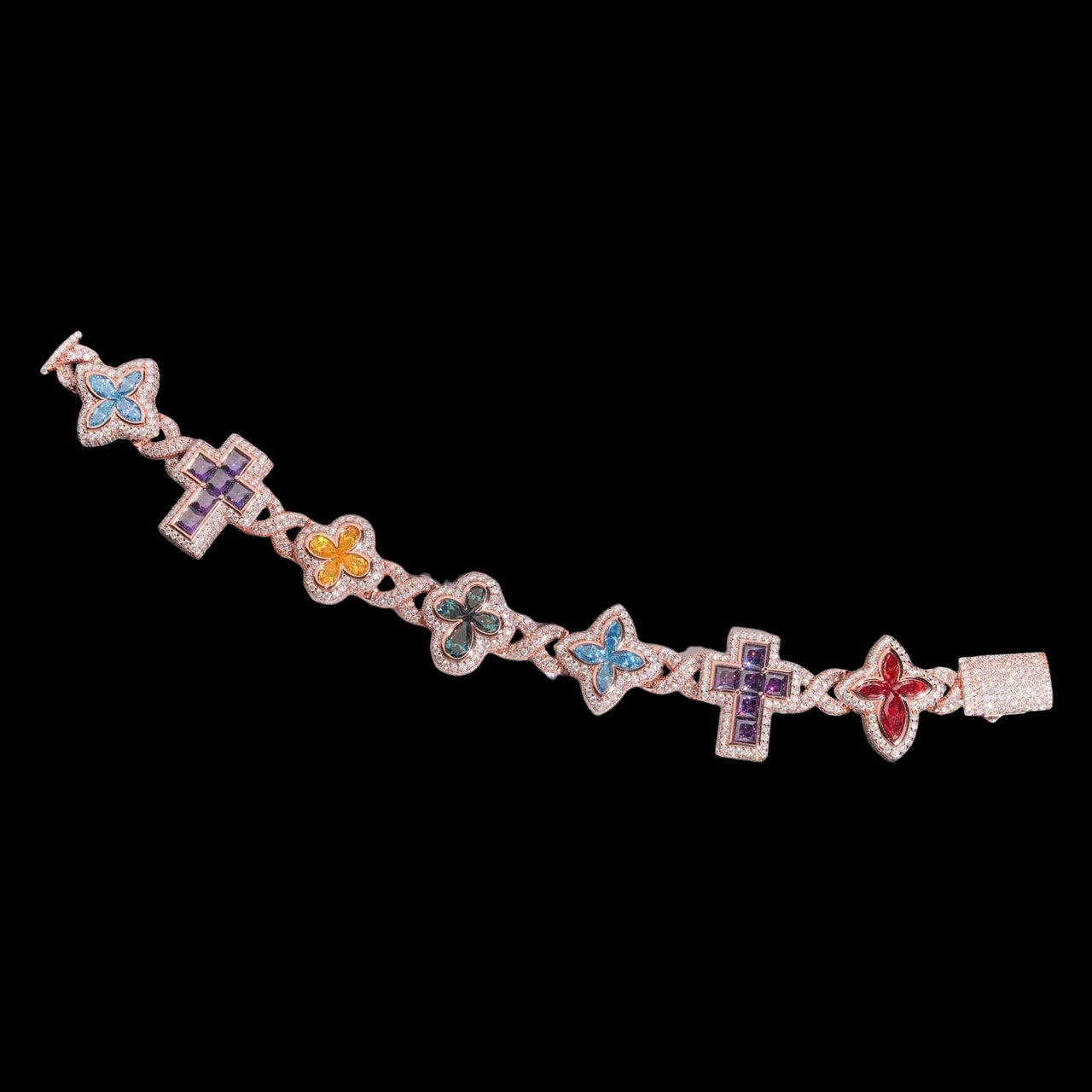 MultiColor Cross Clover Infinity Lab Diamond Bracelet – 14k Gold