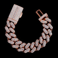 Pulsera cubana de eslabones con diamantes de laboratorio y 3 piedras de 18 mm de ancho - Oro de 14k