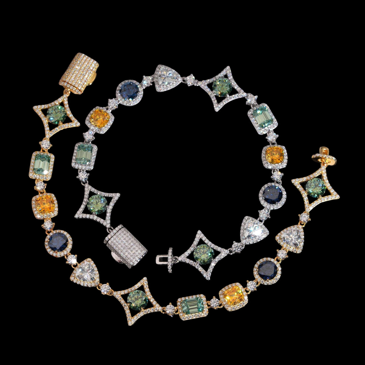 Brazalete con diamantes cultivados de laboratorio, diseño de halo multicolor y baño de oro de 14k