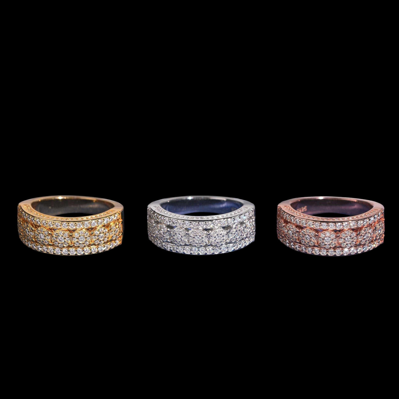 Anillo de laboratorio de diamantes pavé estilo art déco festoneado de 3 hileras grueso – Oro de 14k