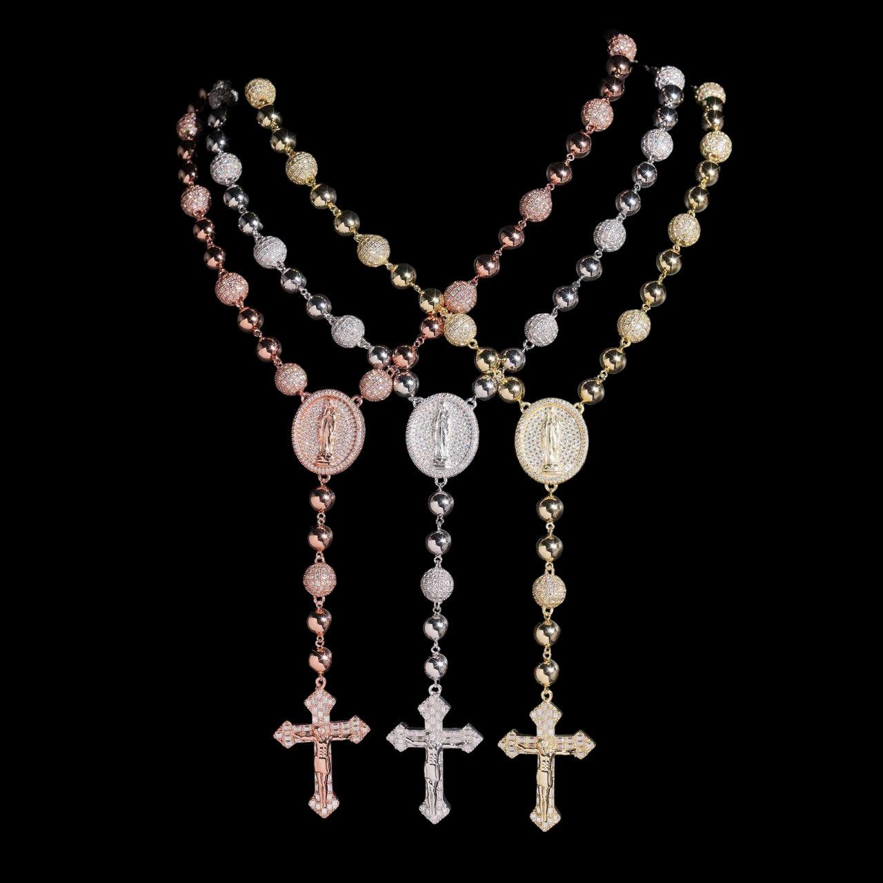 Collar Rosario de Bolas Pavé con Diamantes de Laboratorio – Oro de 14k