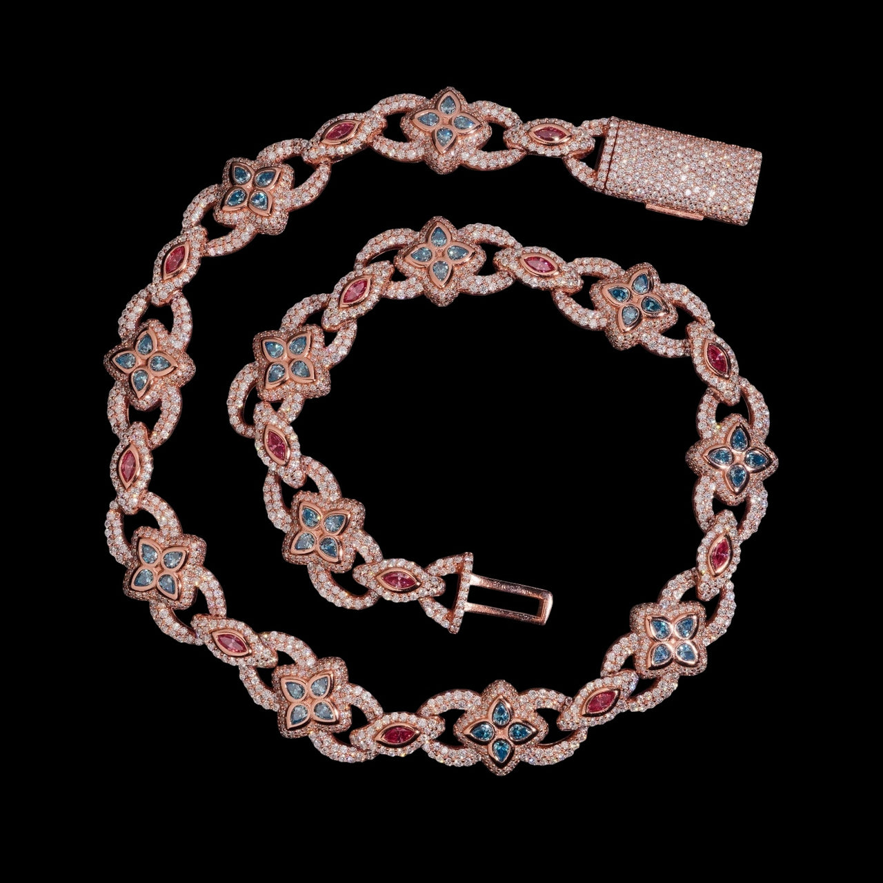 Luxury Rose Gold Clover Link Pavé Chain Necklace – Diamond Clover Chain with Colored Stones