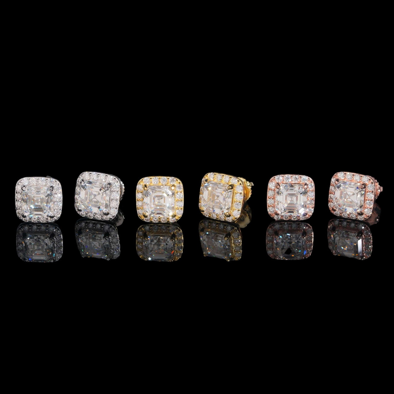 Pendientes de botón con pavé y halo de diamantes de laboratorio de corte Asscher cuadrado - Oro de 14k