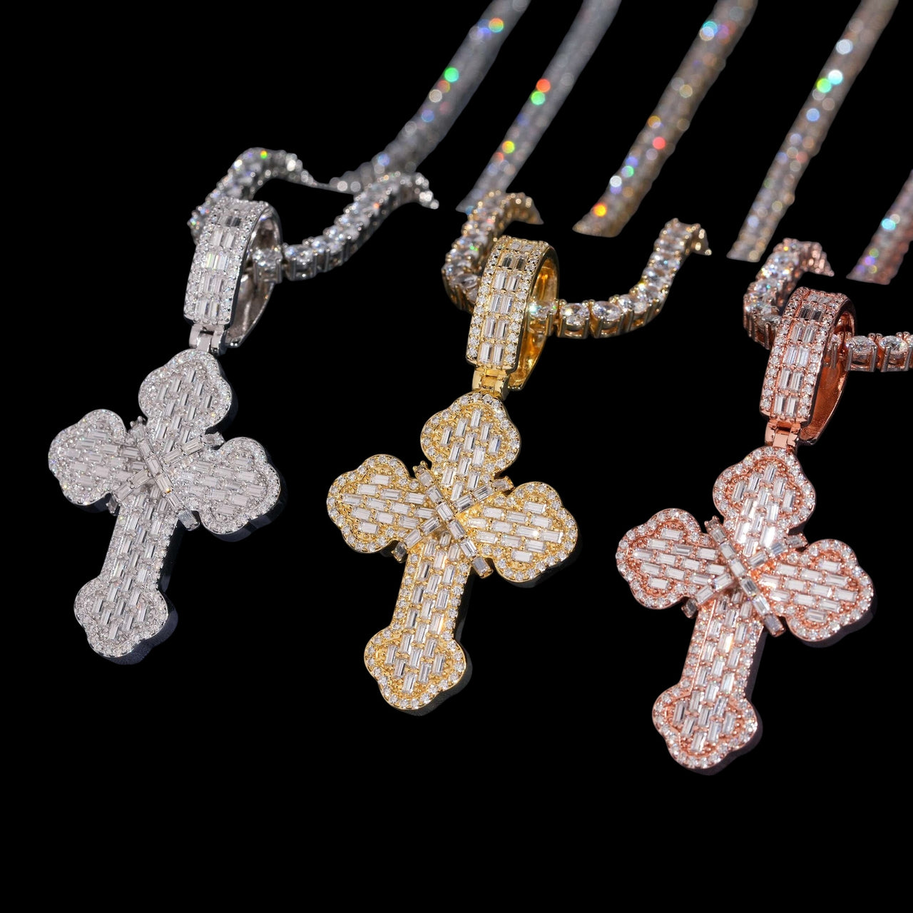 Colgante cruz baguette trenzado con diamante de laboratorio – Oro de 14k