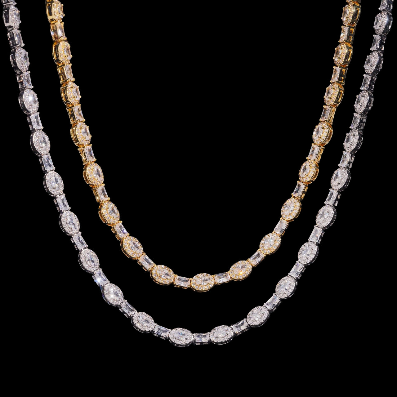 Collar de tenis con diamantes de laboratorio ovalados y baguette de oro de 14k