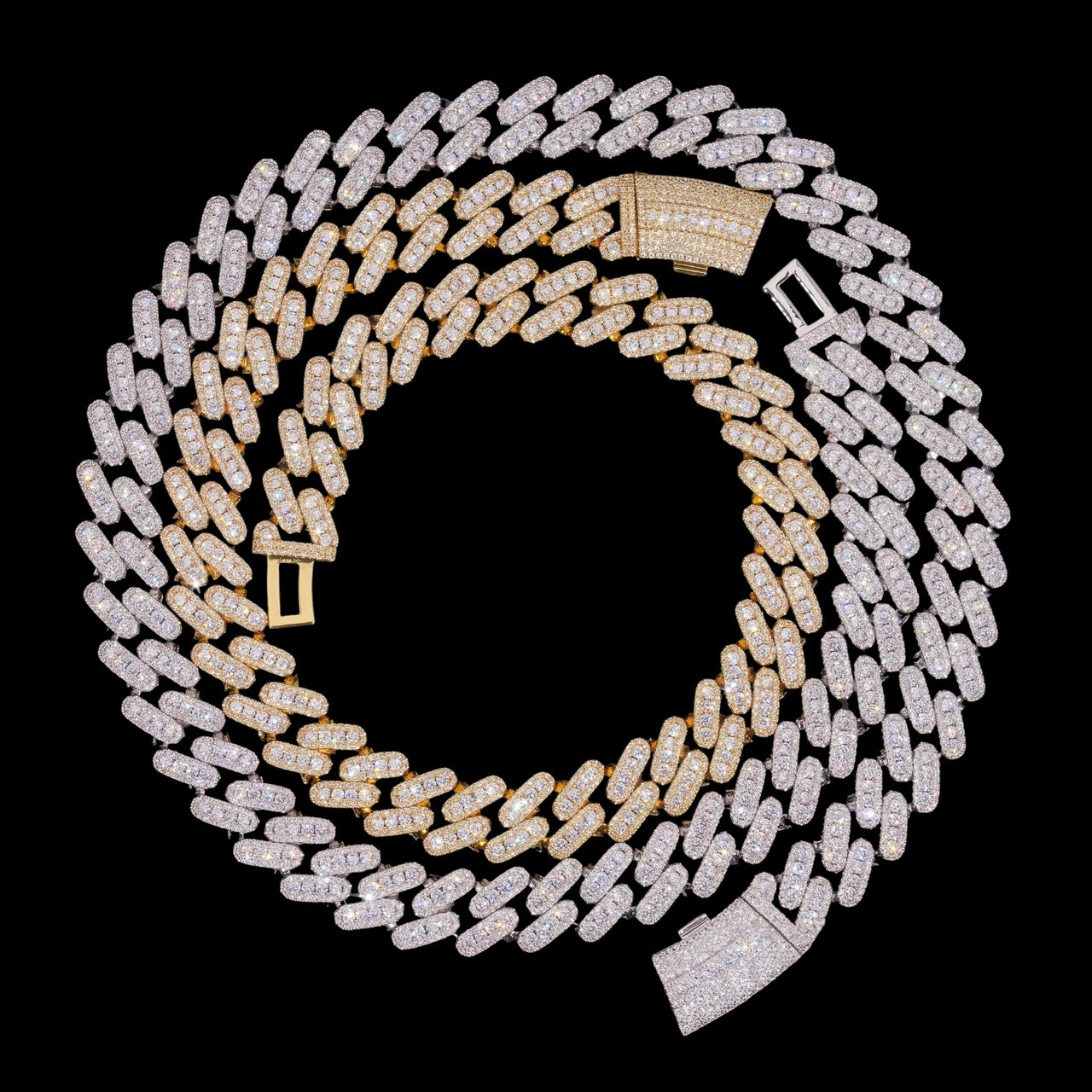 Cadena cubana con eslabones de 15 mm, de gran tamaño, totalmente pavé y diamantes de laboratorio de oro de 14k