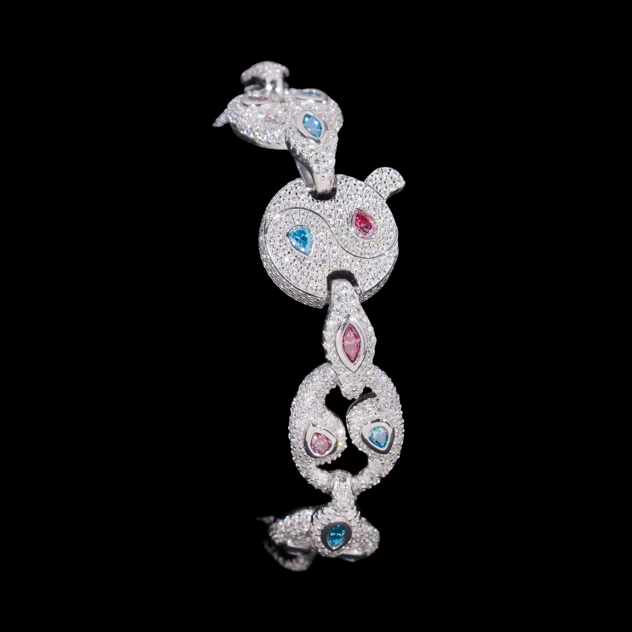 Pulsera con diamantes de laboratorio en forma de flor Yin Yang rosa y azul – Oro de 14k