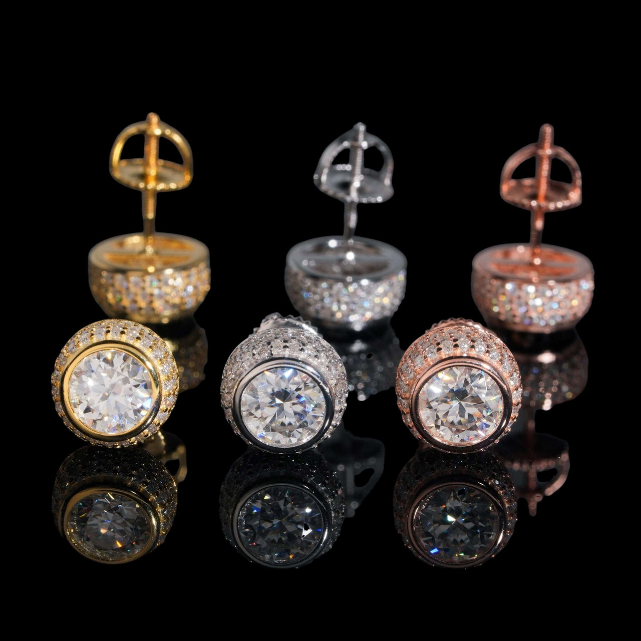 Pendientes de botón con forma de círculo y doble halo con pavé de diamante cultivado – Oro de 14k