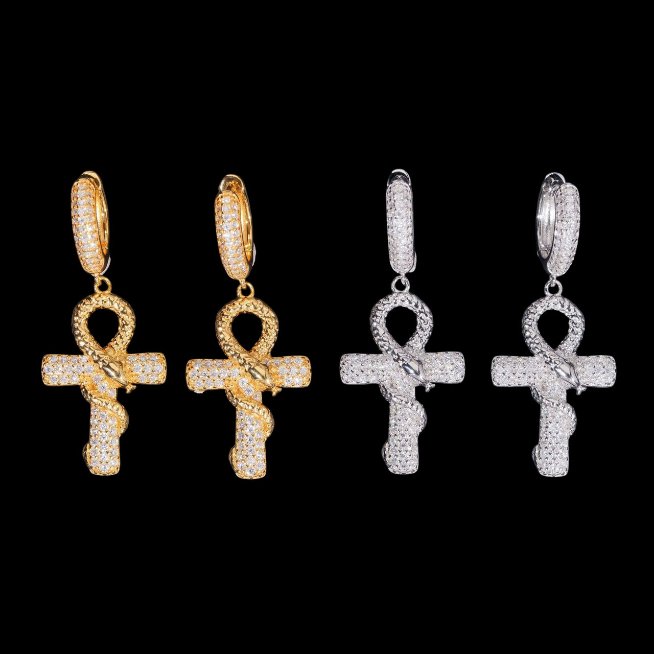 Pendientes de aro con serpiente Ankh y diamantes de laboratorio – Oro de 14k
