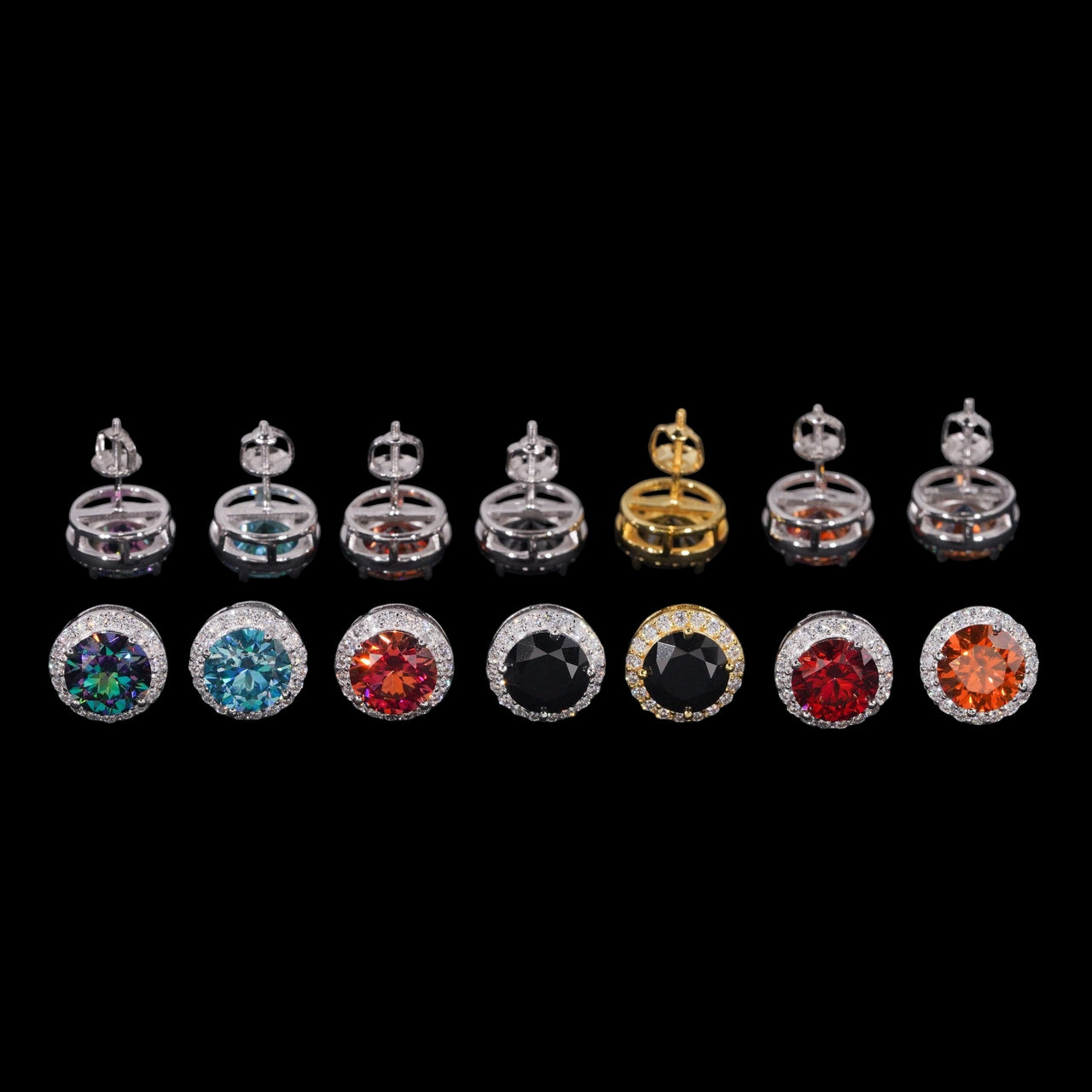 Aretes de oro de 14k con halo de diamantes de laboratorio y círculo de color